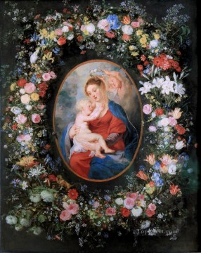 Pedro Pablo Rubens Painting - La Virgen y el Niño en una guirnalda de flores Barroco Peter Paul Rubens